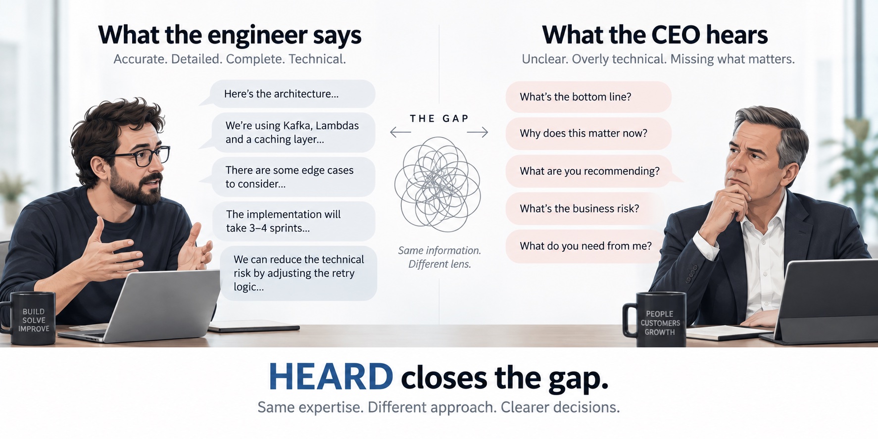 Diagram of the gap between what engineers say and what executives hear. Left: the engineer gives accurate, detailed, technical explanations - architecture, Kafka and Lambdas, edge cases, sprint counts, retry logic. Center: a tangled scribble labeled 'The gap - same information, different lens.' Right: the questions the CEO is actually listening for - what's the bottom line, why does this matter now, what are you recommending, what's the business risk, what do you need from me. Caption: HEARD closes the gap. Same expertise. Different approach. Clearer decisions.